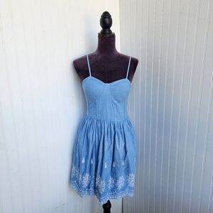 Rush Women's Smocked Back Spaghetti Strap A-Line Mini Dress Blue Embroidered S